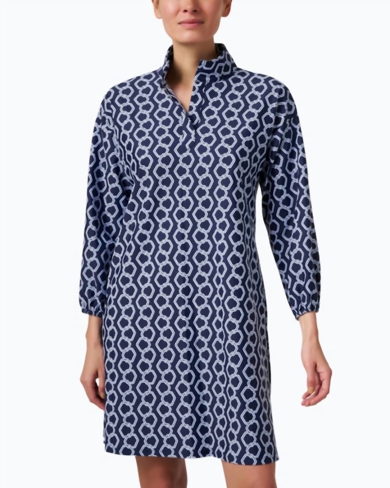 Front of a model wearing a size XXL Florence Dancing Links Dress In Navy in Navy by JUDE CONNALLY. | dia_product_style_image_id:346640